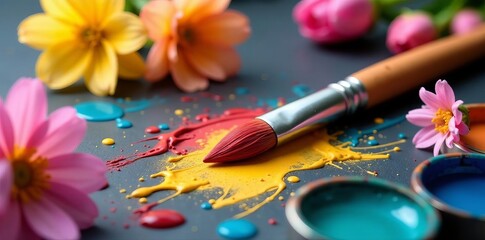 Obraz premium Close-up of paint brush surrounded by assorted colored lids and fresh spring flowers, colors, brush