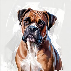 A vibrant digital painting portrays a striking Boxer dog,