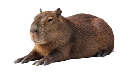 A calm capybara is seen lying down with its eyes half-closed and legs extended in a relaxed posture. Full body image isolated on a plain white background.