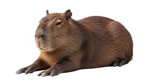 A calm capybara is seen lying down with its eyes half-closed and legs extended in a relaxed posture. Full body image isolated on a plain white background.