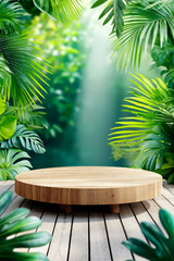 Fototapeta premium A wooden table sitting on top of a wooden floor surrounded by green plants