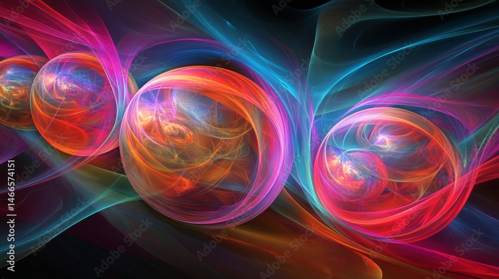 Poster D graphic spheres floating in space, with reflections and soft shadows, creating a futuristic and abstract composition on a dark canvas