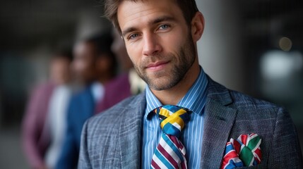 Confident businessman in a colorful suit with a stylish tie and pocket square, smiling confidently