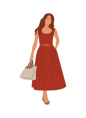 Young woman in a red summer dress is walking with a handbag. Colorful flat vector illustration isolated on transparent background