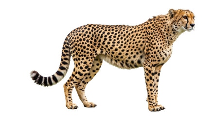 Fototapeta premium An alert cheetah stands tall, showcasing its slender physique, iconic black tear markings, and striking spotted coat. Full body image isolated on a clean white background.