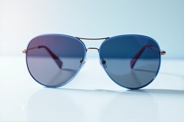 Close-up of stylish reflective blue sunglasses on white background, minimal, eyewear