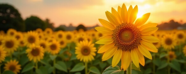 Obraz premium Close-up of sunflower bathed in warm sunset light in a field, agriculture, close-up, field
