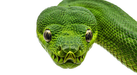 Fototapeta premium Striking close-up of a snake's head, revealing intricate scale details and piercing eyes focused directly forward. Reptile portrait isolated on a white background.