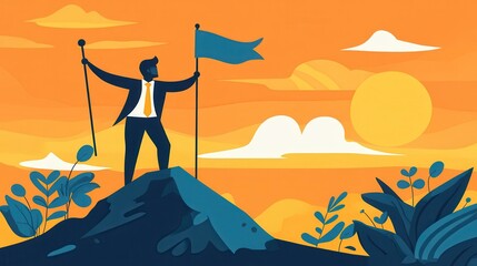 Pixelated achiever with flag on peak symbolizing business success and leadership in the sunset landscape representing career aspiration