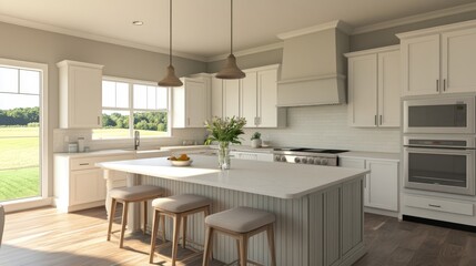 An elegant minimalist kitchen with clean lines, white cabinets, and a large island, adorned with a simple vase of fresh flowers on the countertop