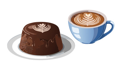 hot coffee and chocolate mini cake - vector illustration