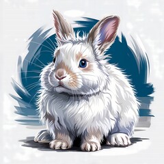 A vibrant digital painting depicts a fluffy Himalayan rabbit with striking blue eyes and a distinctive colorpoint pattern