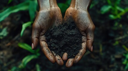 A close-up of hands holding soil from their homeland, sentimental mood