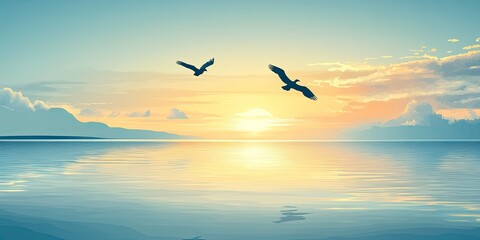Fototapeta premium Golden Horizon Birds fly above tranquil sea during sunrise.