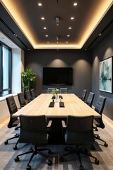 Fototapeta premium Sleek conference room with modern decor, organized tables & chairs, meeting, arrangement, design