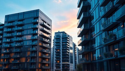 Sleek glass apartment buildings, modern European architecture, residential complex, construction