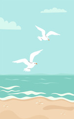 Pair of Sea Flying Birds Seagulls. Seascape, coast with turquoise water, waves and sky with clouds. Vector illustration. Vertical background poster with marine nature