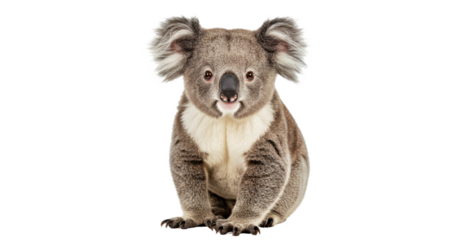 Charming koala sitting upright, showcasing its signature fluffy ears and adorable round nose in a direct front-facing view. Full body isolated on a white background.