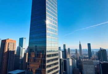 Obraz premium Sleek glass skyscraper reflecting city skyline, window, high-rise