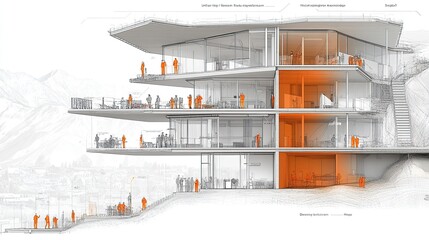 Multi-level building design with interior and exterior views, showcasing various spaces and pedestrian activity