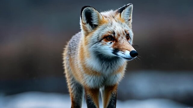 Close up of a fox with a fluffy orange and white coat, speckled with ice and snow. The animal has piercing eyes and looks towards the camera in front of dark background
