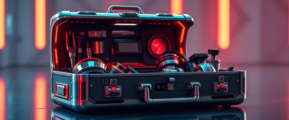 Sleek, metallic toolbox with glowing red accents, futuristic gadgets inside,  laser, tools