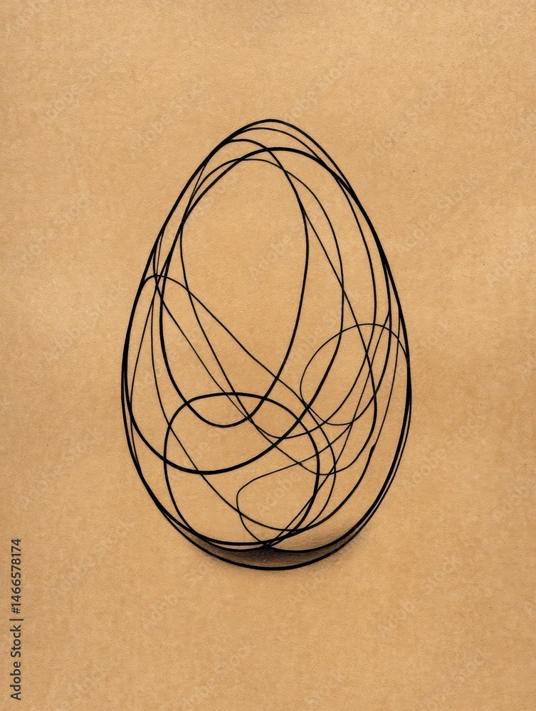Poster Unique Thin Black Line Drawing of an Egg on Warm Kraft Background Showcasing Artistic Minimalist Design and Creativity in Abstract Art Generative AI