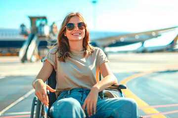 A smiling young woman in a wheelchair enjoys the sunshine at the airport, ready for a new journey. Her confidence and joy highlight freedom, travel, and empowerment