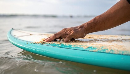 Shaping a surfboard near the calm ocean waves while preparing for an exciting surfing adventure.