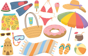 Set of summer beach objects isolated on white background. Collection of elements for vacation and activities.