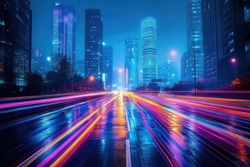 Obraz premium Night cityscape with vibrant light trails of speeding cars on a rain-slicked road.