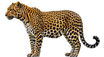 An alert leopard stands with its distinctive spotted coat, tail curled, and ears pointed forward, ready for action. Full body image isolated on a clean white background.