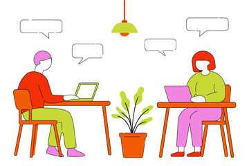 two people sitting at a table with laptops and speech bubbles