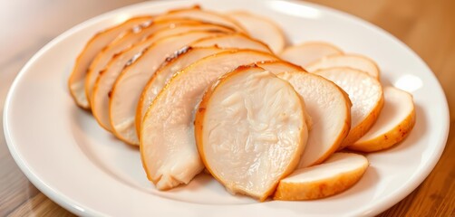 Sliced chicken breast, glistening, arranged on a white plate, detail, sliced chicken