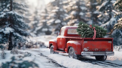 Winter scene of a red pickup truck carrying a Christmas tree.