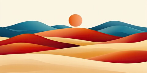 Desert Sunrise Abstract Landscape with Gradient Hills and Sun.