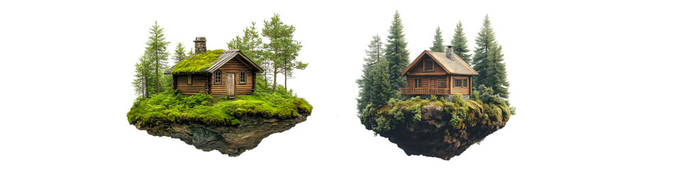 Collection of floating log cabins in forest settings, transparent background.