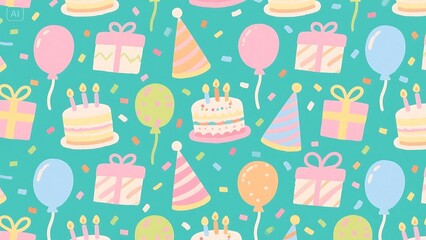 Festive Birthday Party Seamless Pattern Balloons, Cakes, Gifts, and Confetti