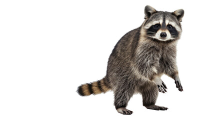 Obraz premium Inquisitive raccoon standing upright on its hind legs, its front paws playfully raised and a curious expression on its masked face. Full body isolated on white.