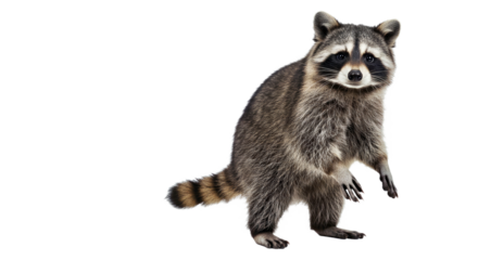 Inquisitive raccoon standing upright on its hind legs, its front paws playfully raised and a curious expression on its masked face. Full body isolated on white.