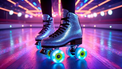 Dazzling silver roller skate on neon rink