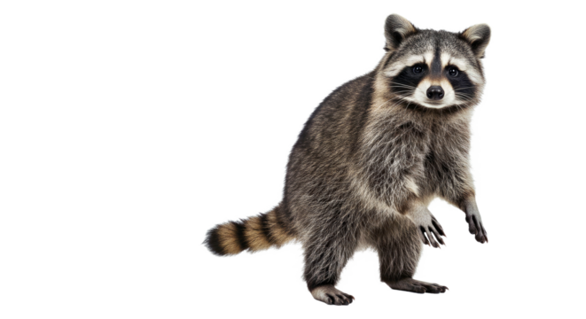 Inquisitive raccoon standing upright on its hind legs, its front paws playfully raised and a curious expression on its masked face. Full body isolated on white.