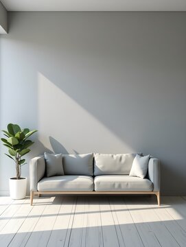 Minimalism in the living room interior. Gray empty wall, gray sofa and potted plant. Generated