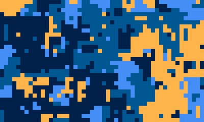 Abstract pixelated pattern in shades of blue and orange.  Ideal for backgrounds, textiles, or digital art projects.