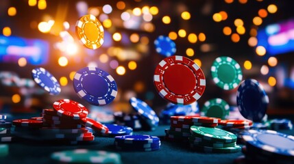 Colorful casino chips in mid-air, stacked and scattered on a table
