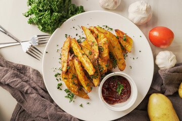 Top view baked potatoes, seasoned with paprika and garlic, topped with fresh parsley and rich tomato sauce an irresistible homemade dish served fresh from the oven..