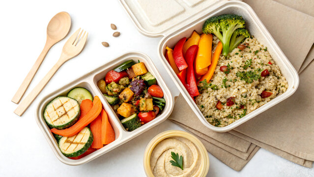 Flat lay of vegan lunch box with quinoa and roasted vegetables