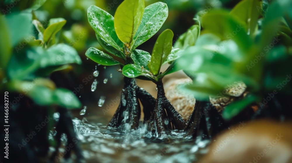 Poster a close-up of mangrove tree roots rising from the water, surrounded by lush foliage and small tidal 