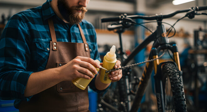 Bearded Mechanic Lubricating Bicycle Chain with Yellow Bottle in a Repair Shop with Bicycle Wearing Blue Plaid Shirt and Brown Apron
