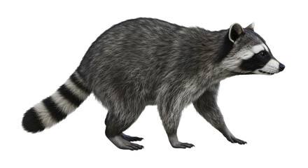 Obraz premium A raccoon is shown walking on all fours in a side profile, displaying its bushy, ringed tail and patterned striped fur. Full body isolated on a clean white background.